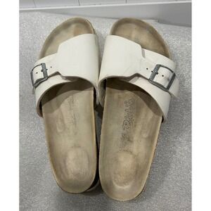 Birkenstock Madrid Birko White Leather Cork Footbed Slide Sandals Women Buckle